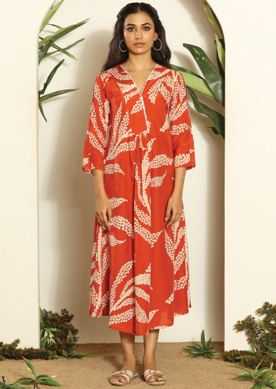 Rust & Beige Rusian Silk Midi Dress