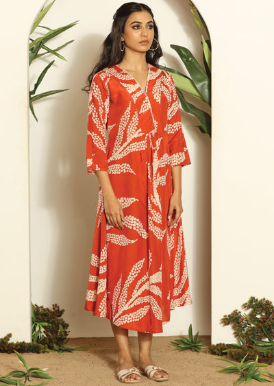 Rust & Beige Rusian Silk Midi Dress