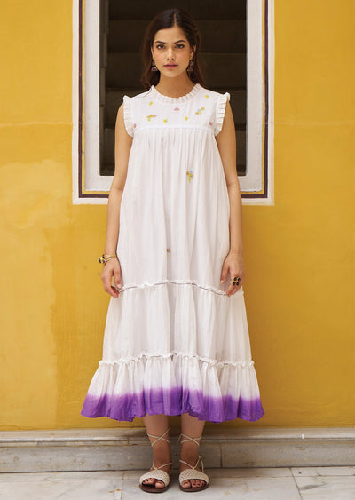 Off White & Purple Cotton Midi Dress