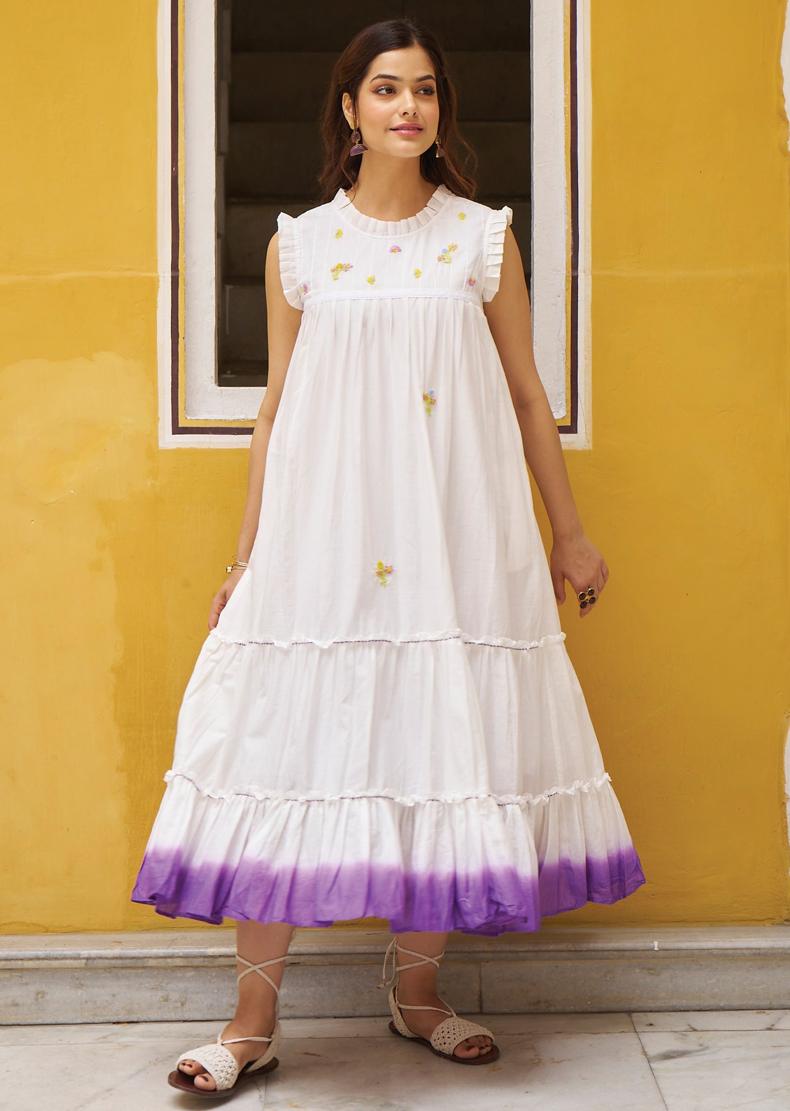 Off White & Purple Cotton Midi Dress