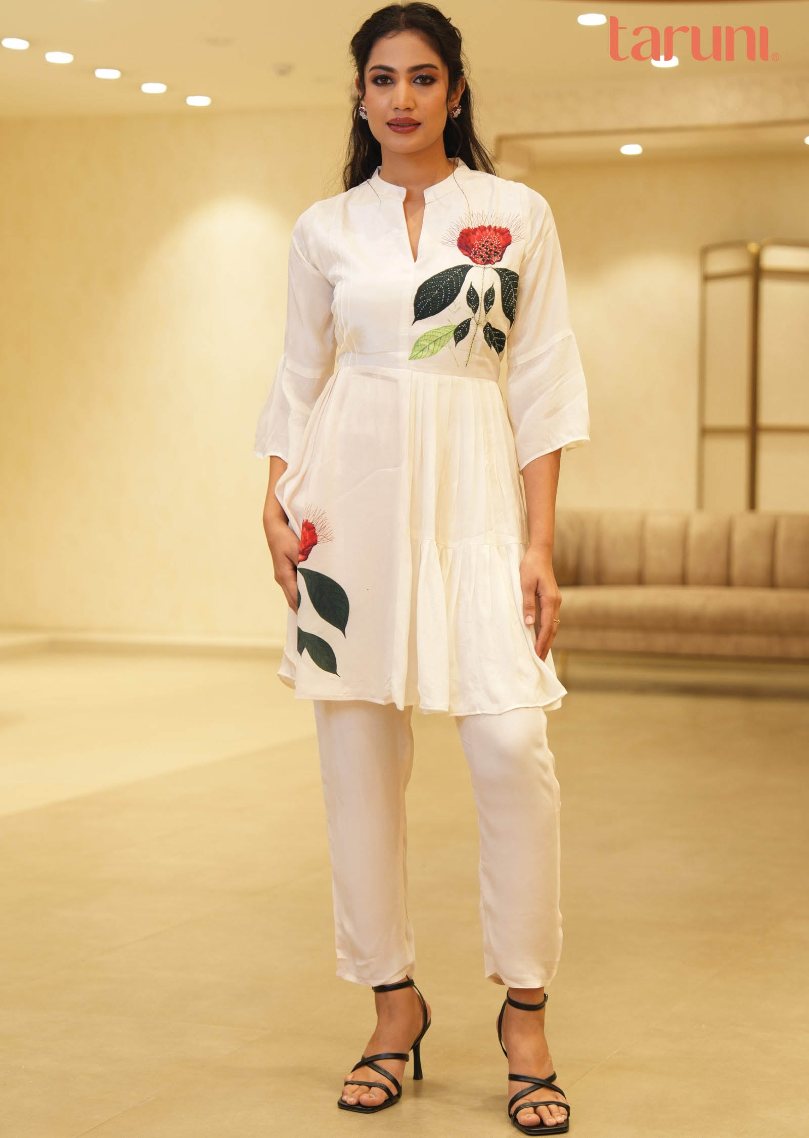 Cream Crepe Printed Kurti Sets