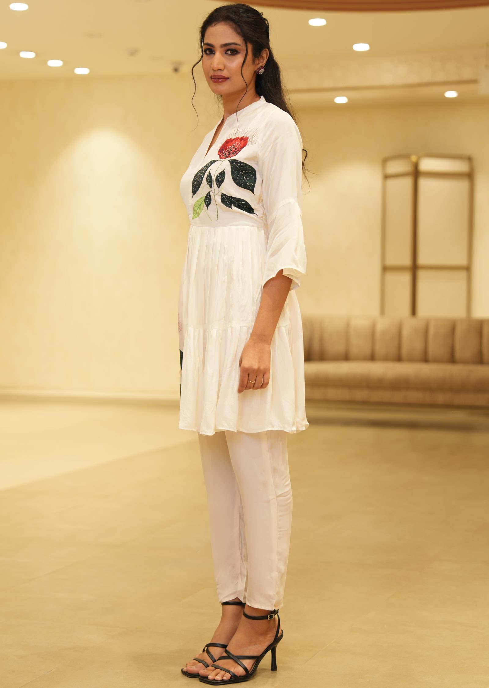 Cream Crepe Printed Kurti Sets