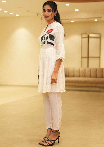 Cream Crepe Printed Kurti Sets