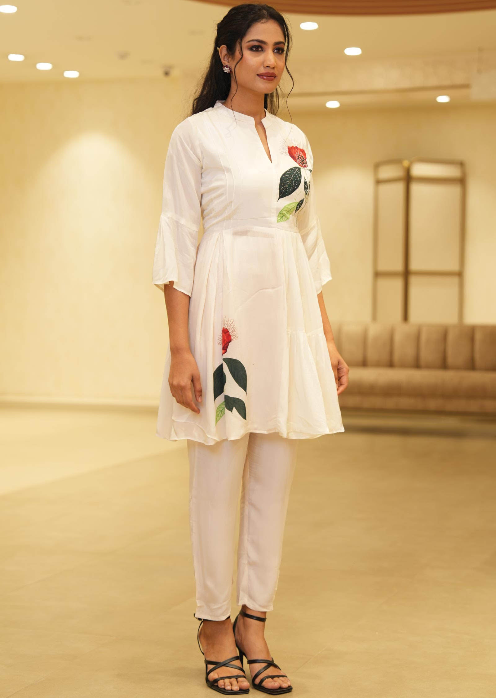 Cream Crepe Printed Kurti Sets