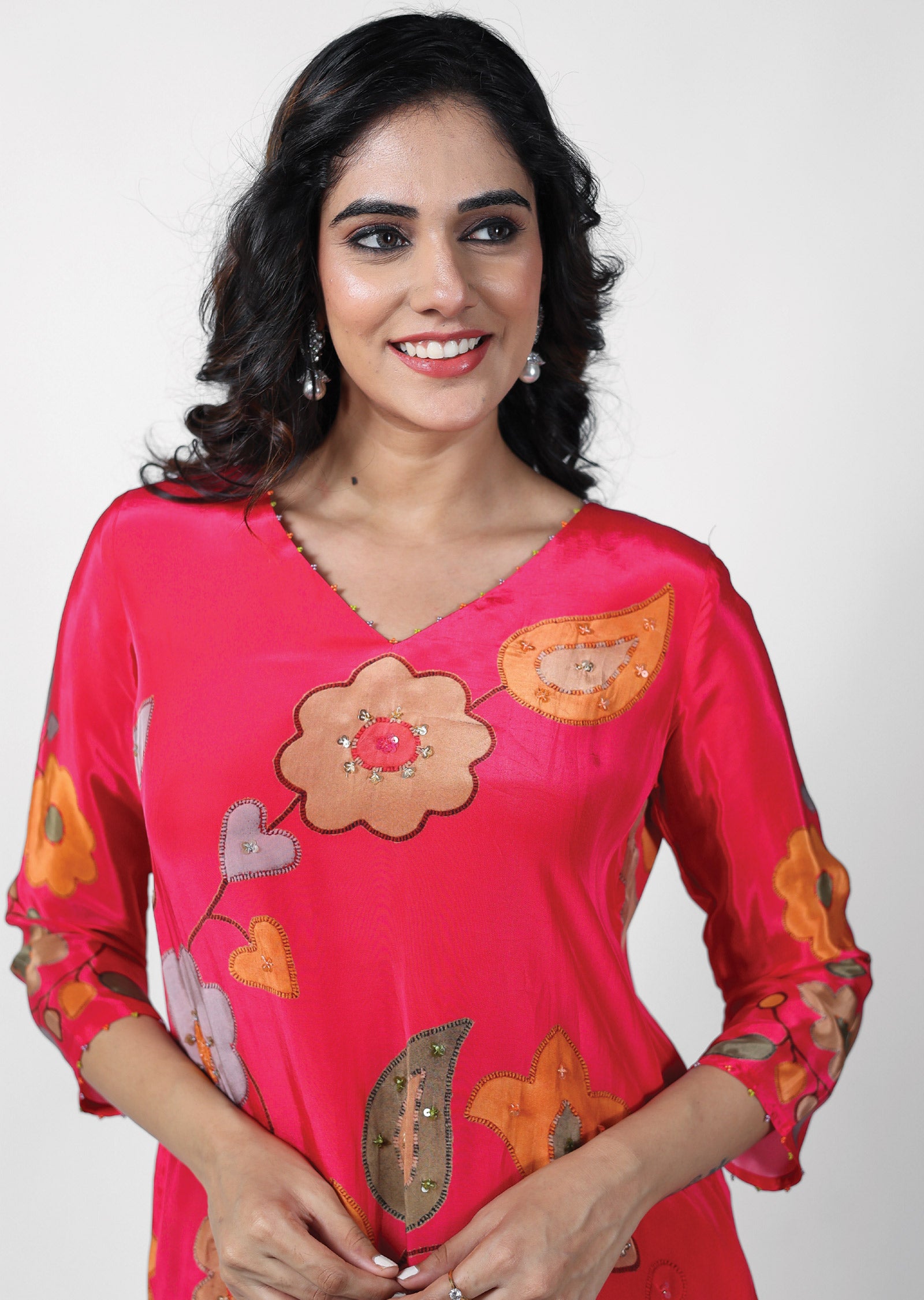 Rani Pink Crepe Embroidered Kurti Sets