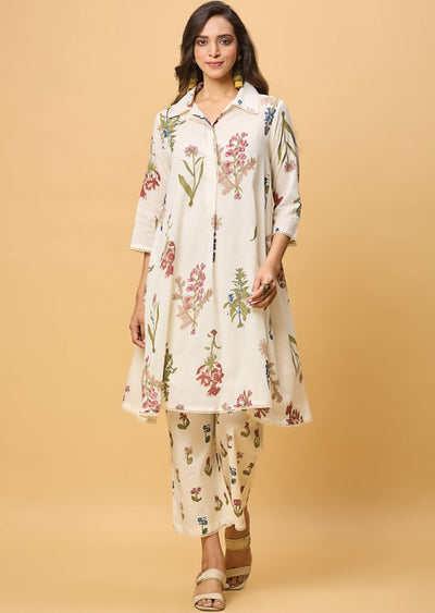 Off White Cotton Straight Cut Kurti Set