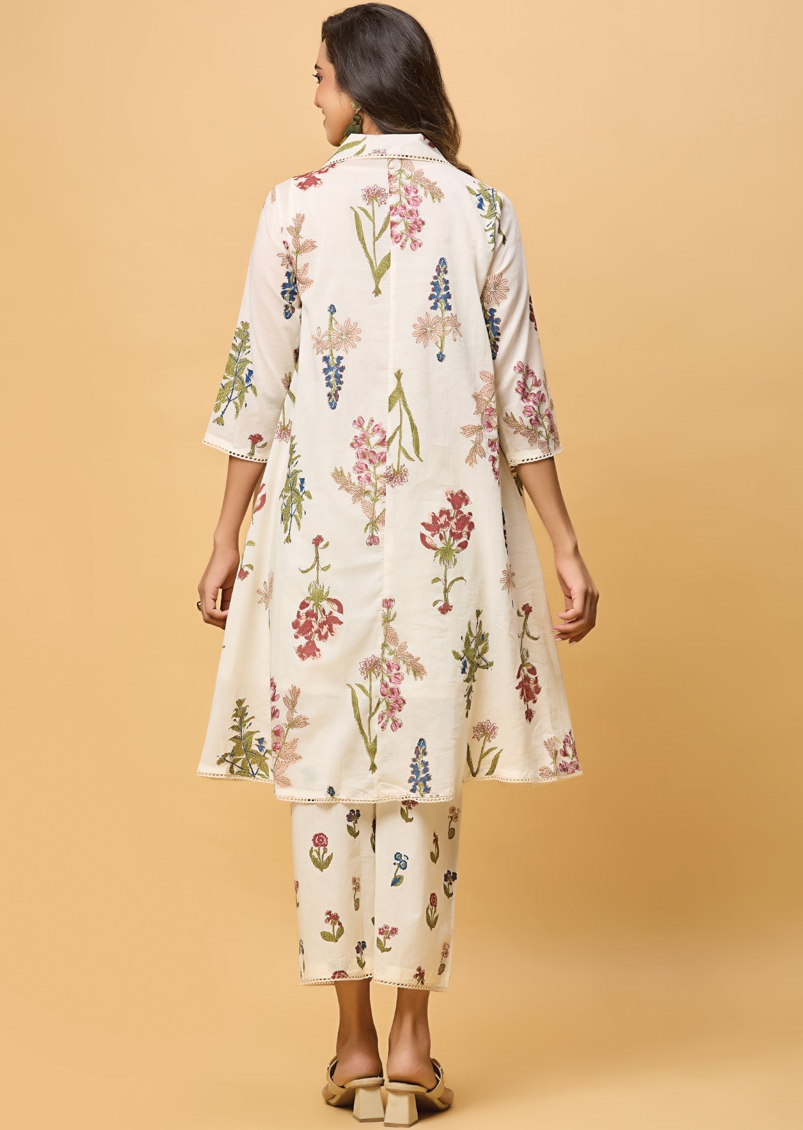 Off White Cotton Straight Cut Kurti Set