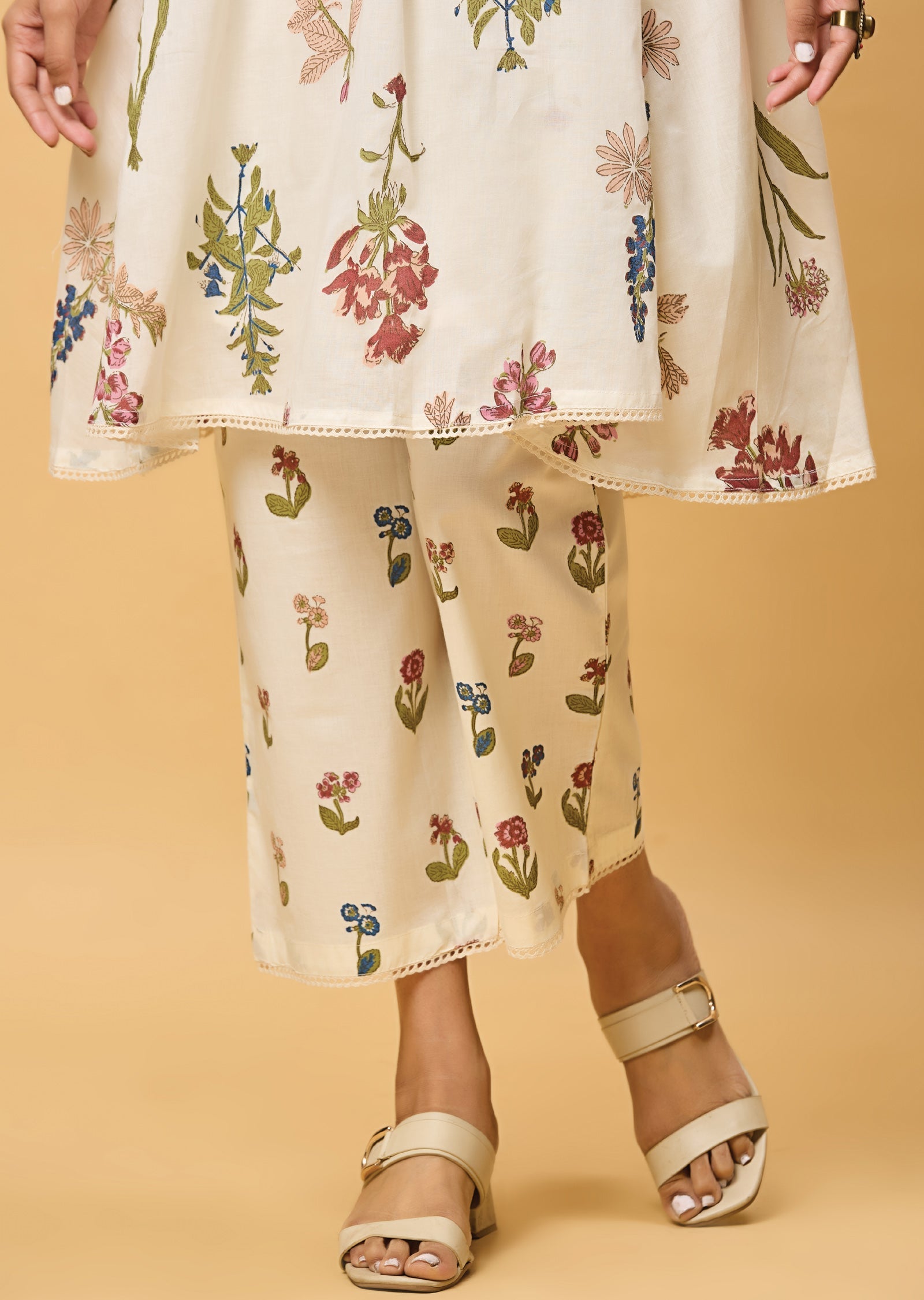 Off White Cotton Straight Cut Kurti Set