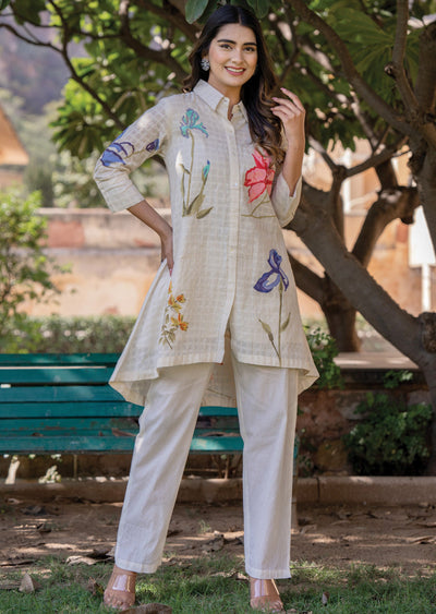 Beige Cotton A-line Short Kurti Set