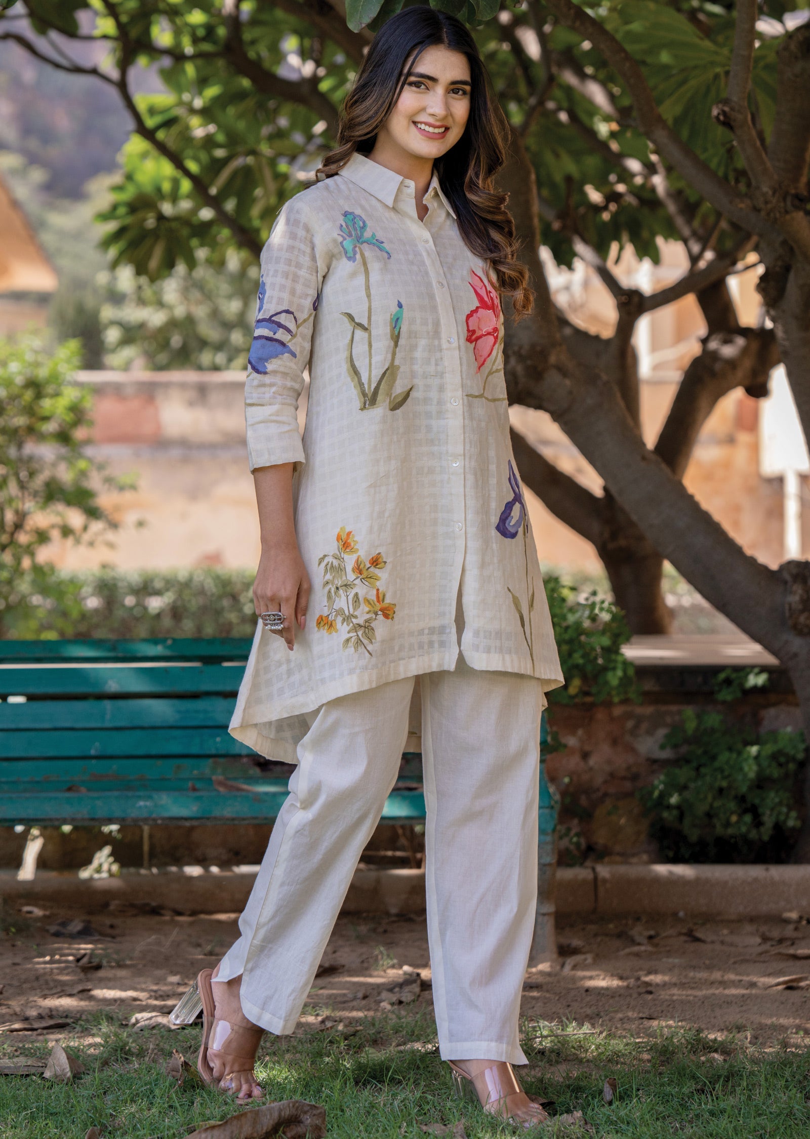 Beige Cotton A-line Short Kurti Set