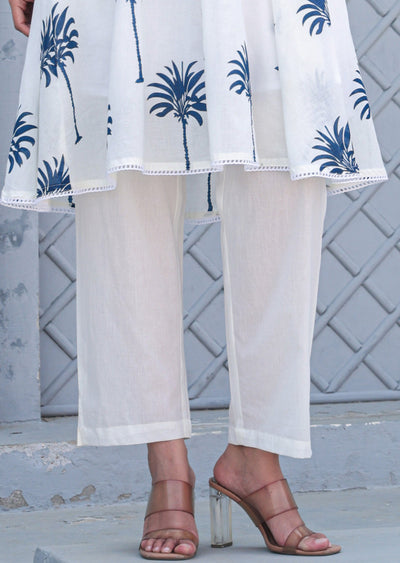 White & Blue Cotton A-line Kurti Set