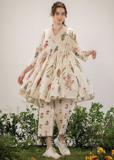 Beige Cotton Angrakha Style Kurti Co-ord Set