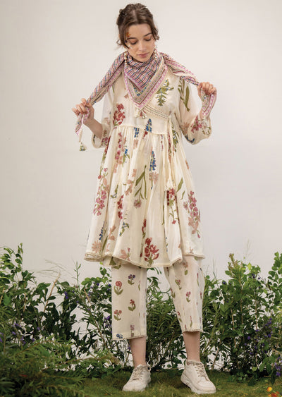 Beige Cotton Angrakha Style Kurti Co-ord Set