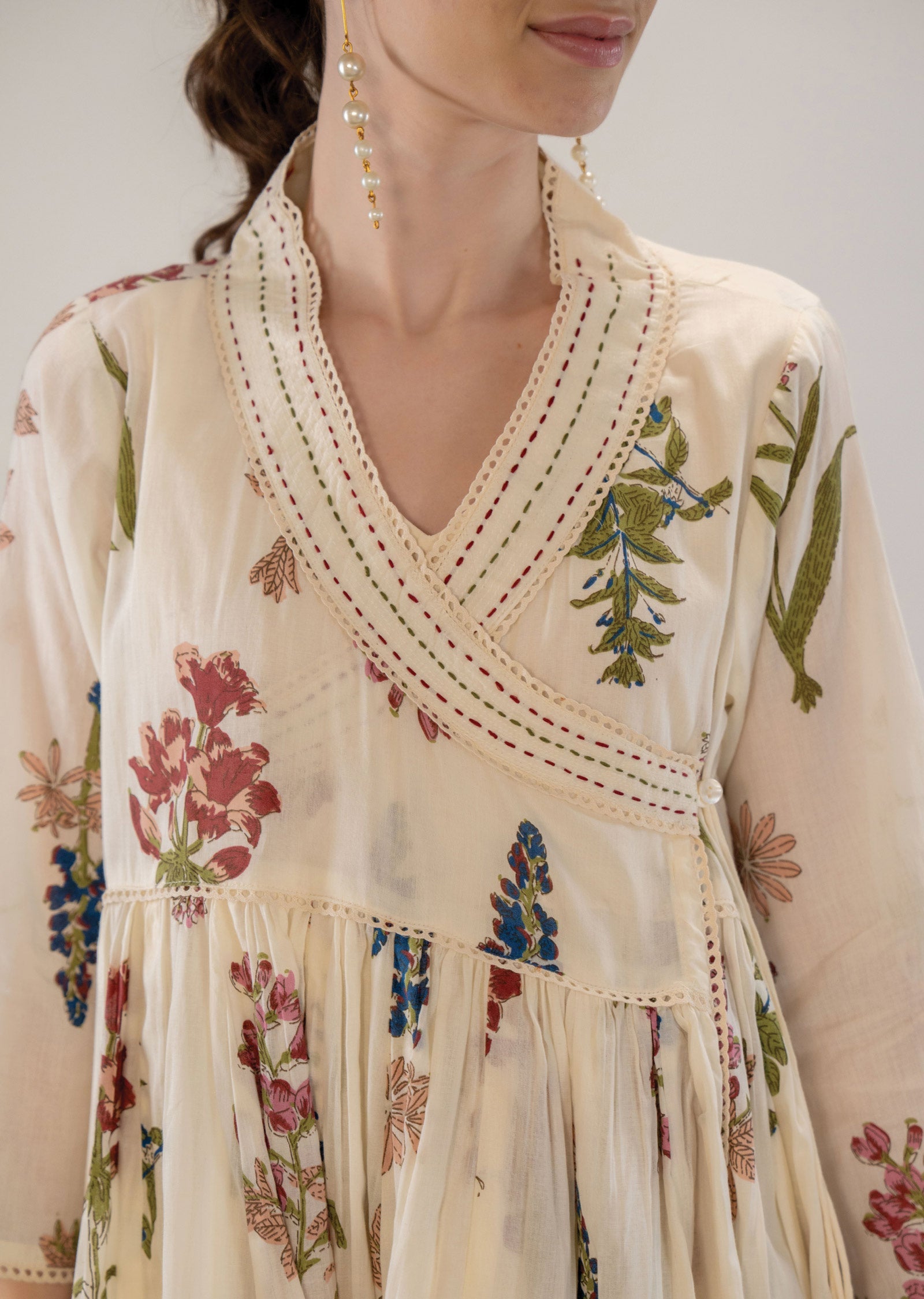 Beige Cotton Angrakha Style Kurti Co-ord Set