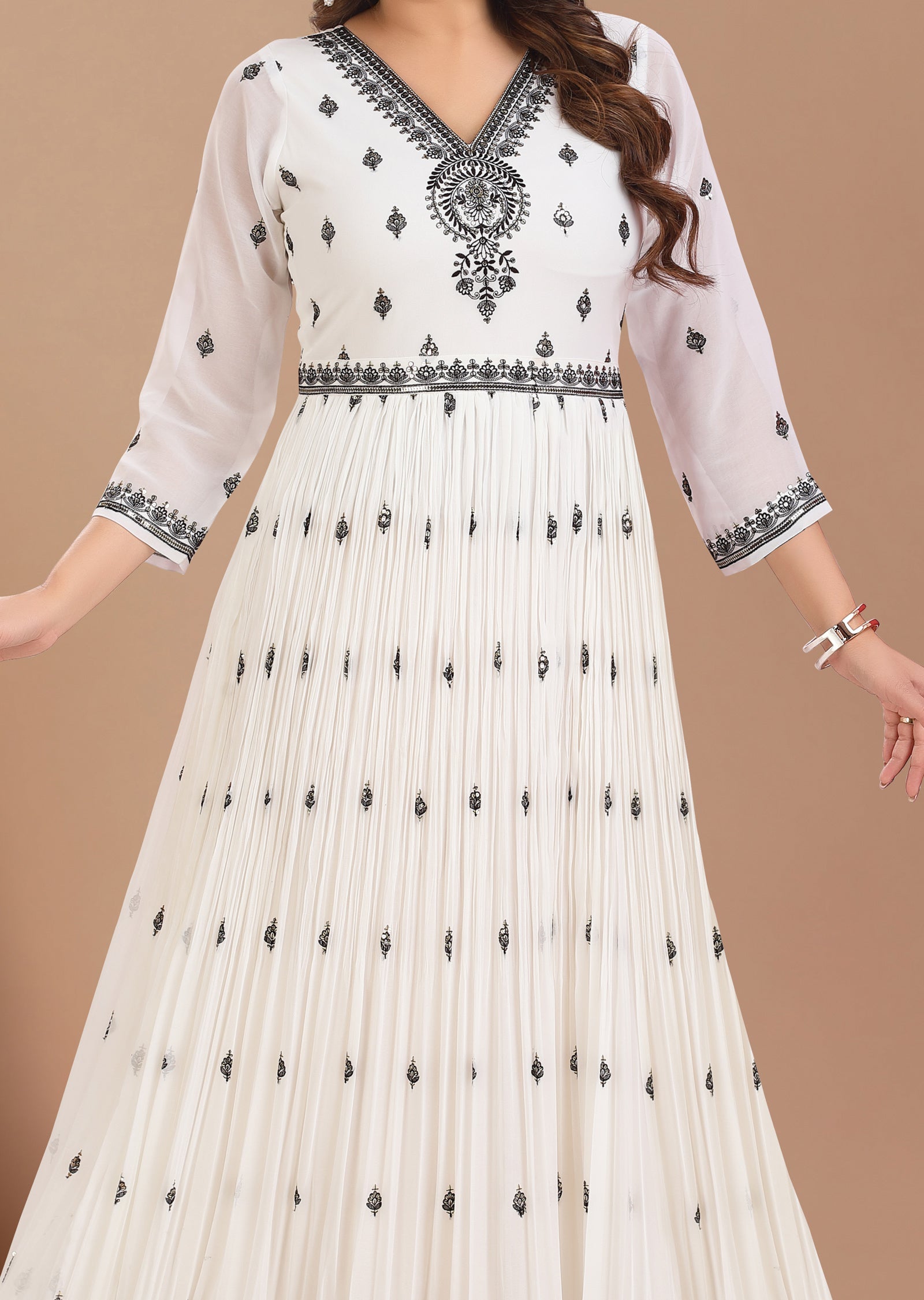 Off White Georgette Kurti with Black Resham & Sequence Work
