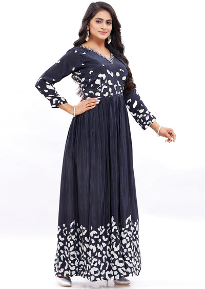 Black & White Long Gown Style Kurti with Pearls Work