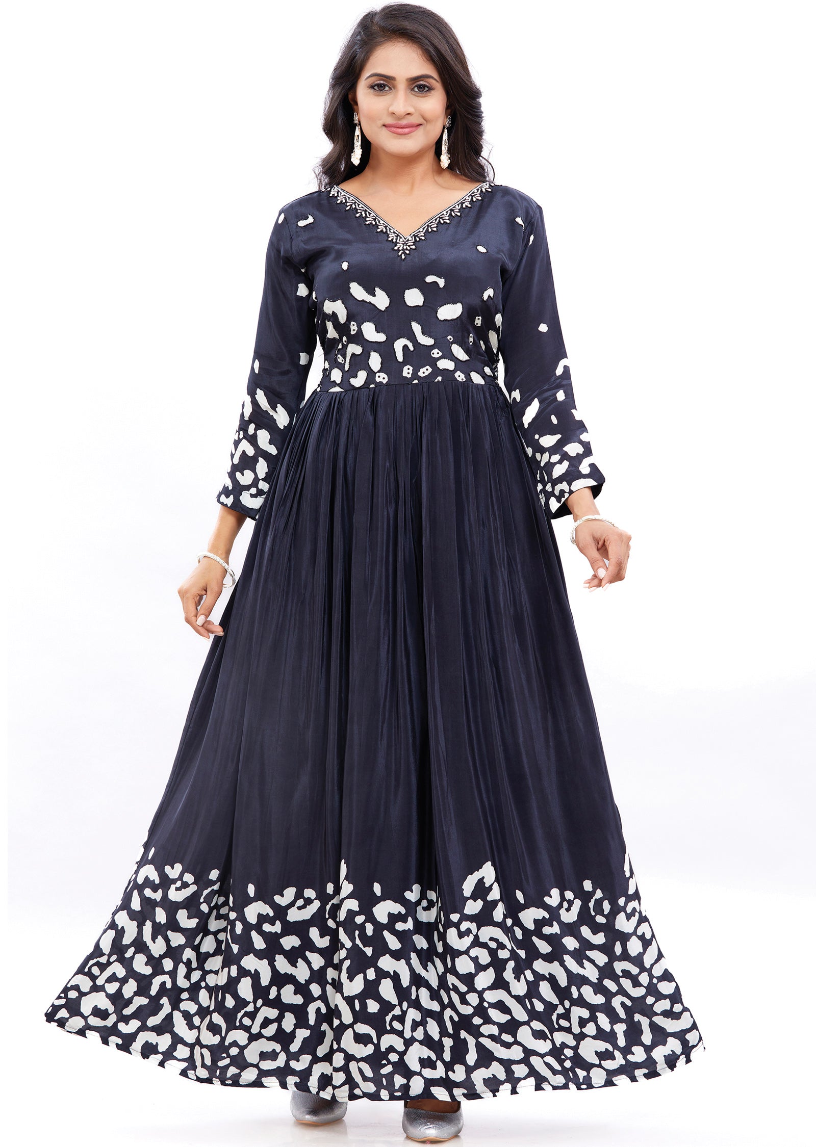 Black & White Long Gown Style Kurti with Pearls Work
