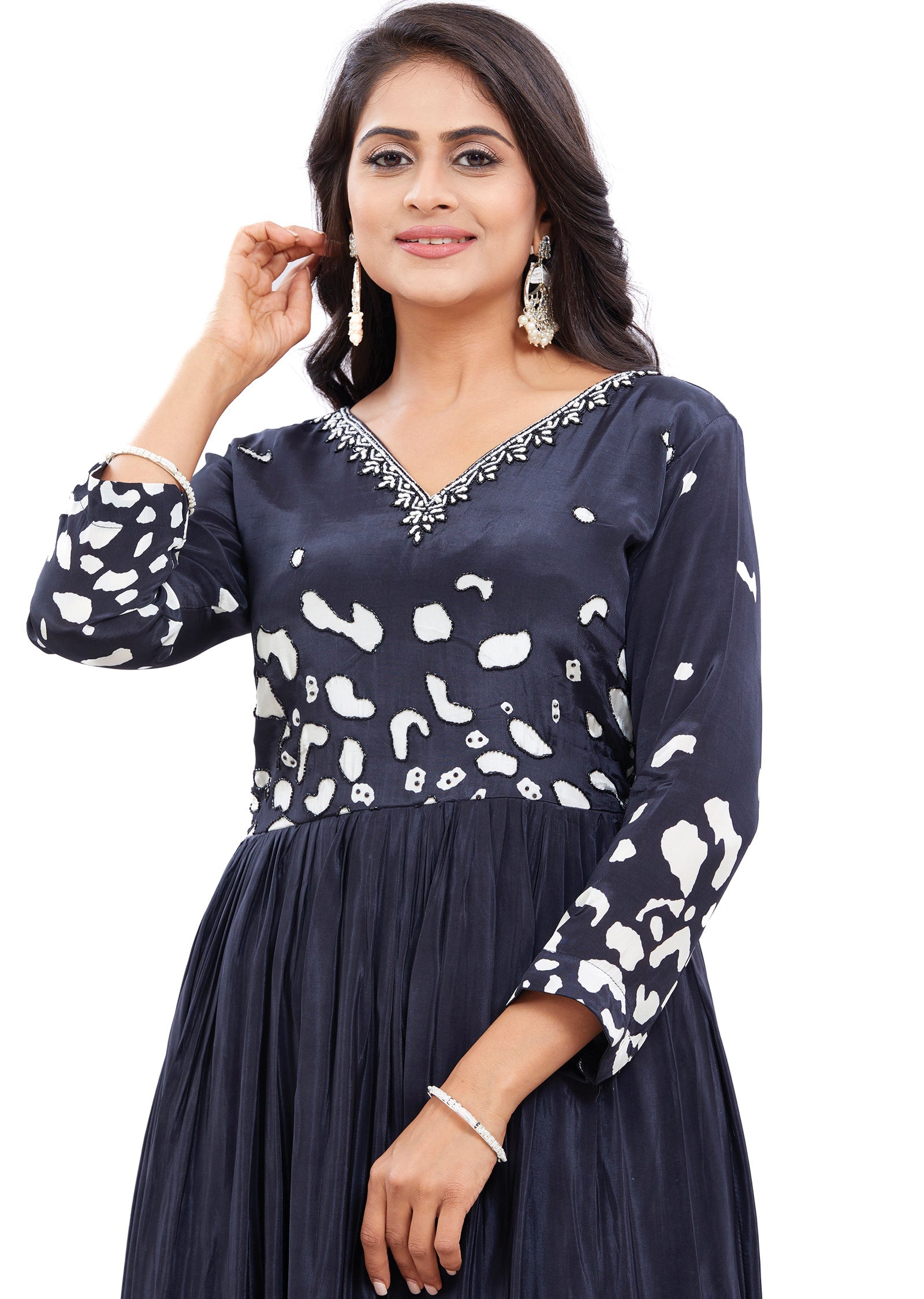Black & White Long Gown Style Kurti with Pearls Work