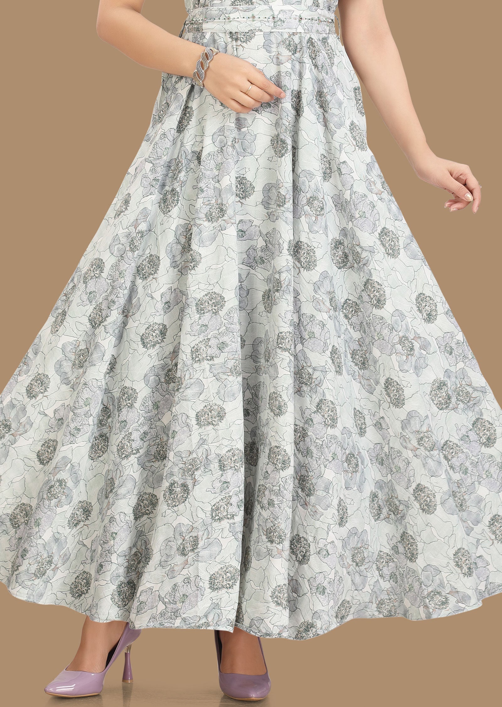 Off White & Green Georgette Long Dress