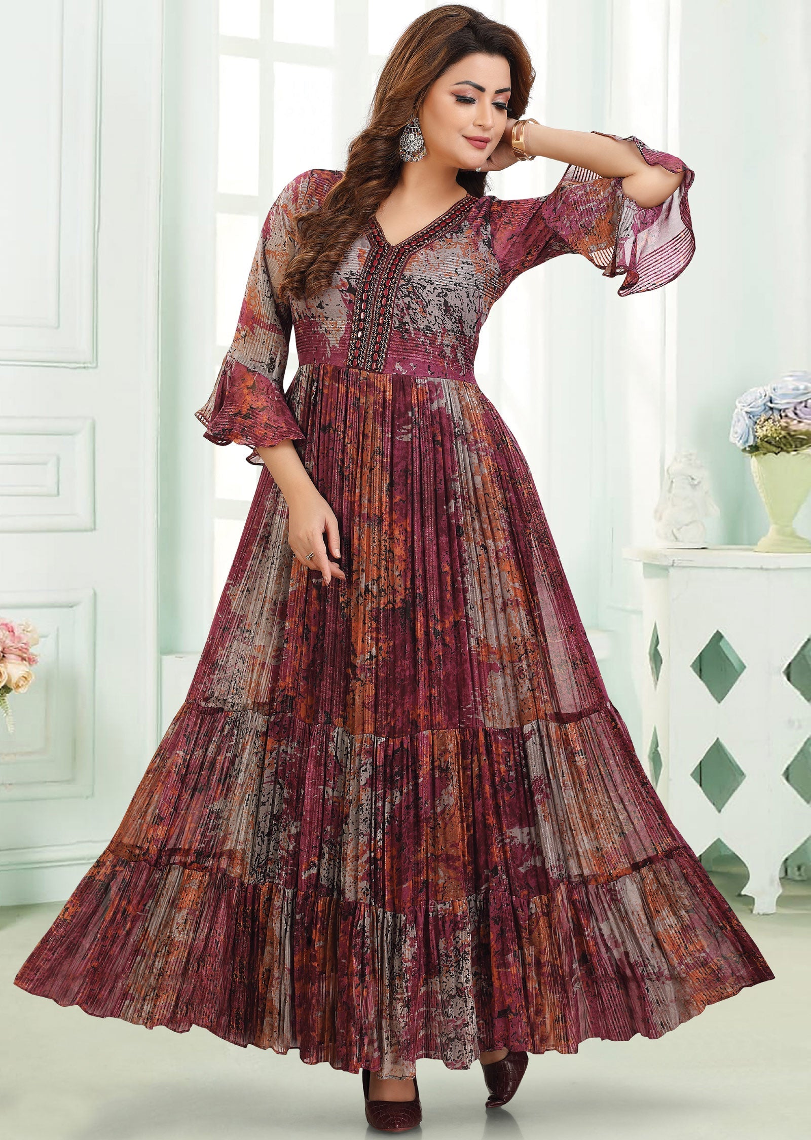 Magenta & Grey Georgette Long Dress