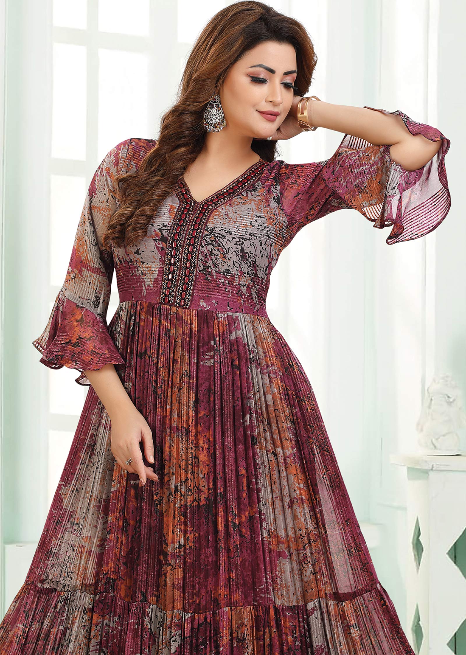Magenta & Grey Georgette Long Dress
