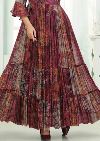 Magenta & Grey Georgette Long Dress