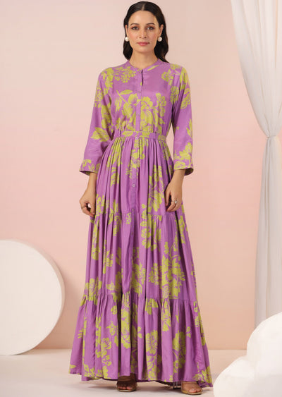 Lavender & Green Muslin Long Dress