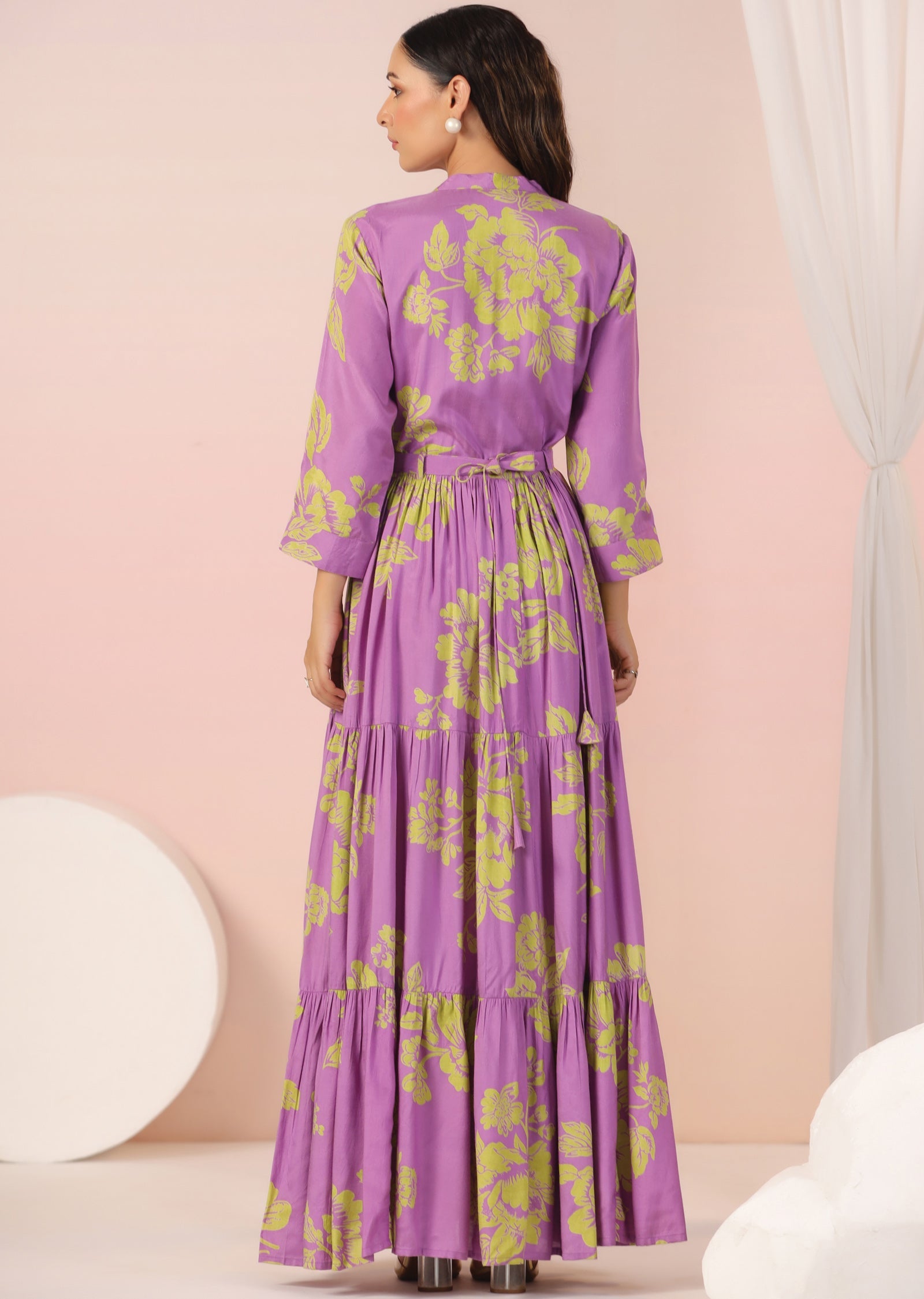 Lavender & Green Muslin Long Dress