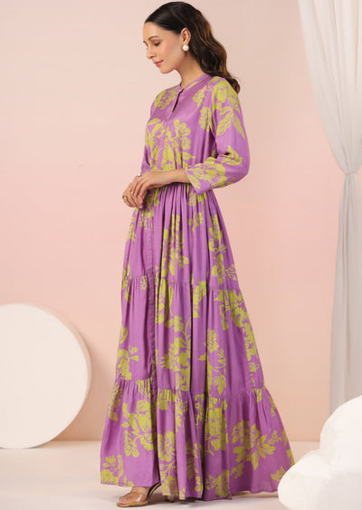 Lavender & Green Muslin Long Dress
