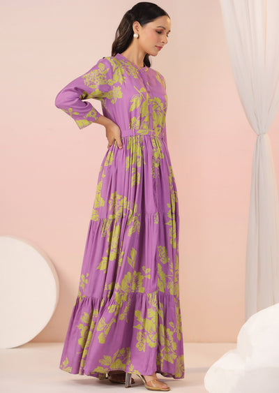Lavender & Green Muslin Long Dress