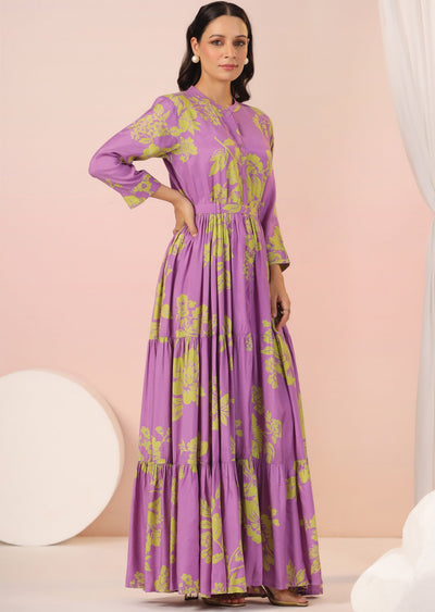 Lavender & Green Muslin Long Dress