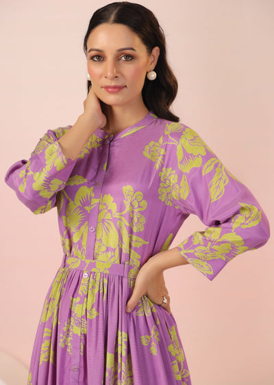 Lavender & Green Muslin Long Dress