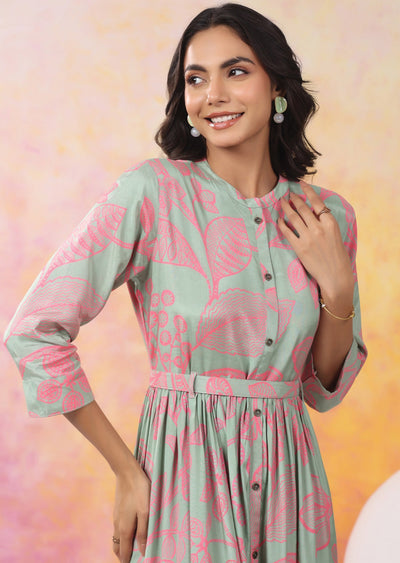 Dusty Green & Pink Muslin Long Dress