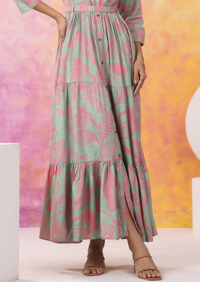 Dusty Green & Pink Muslin Long Dress