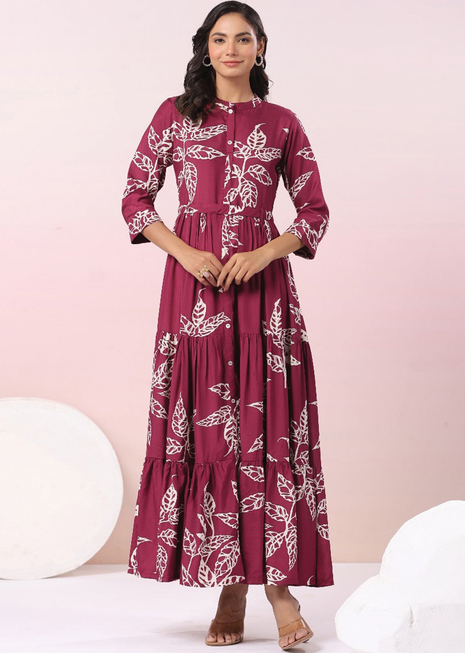 Magenta & Beige Muslin Long Dress