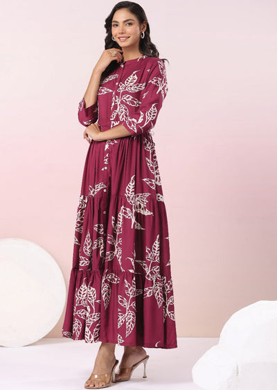 Magenta & Beige Muslin Long Dress