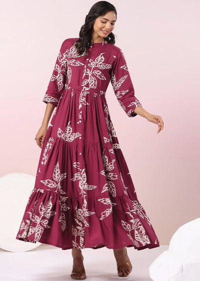 Magenta & Beige Muslin Long Dress