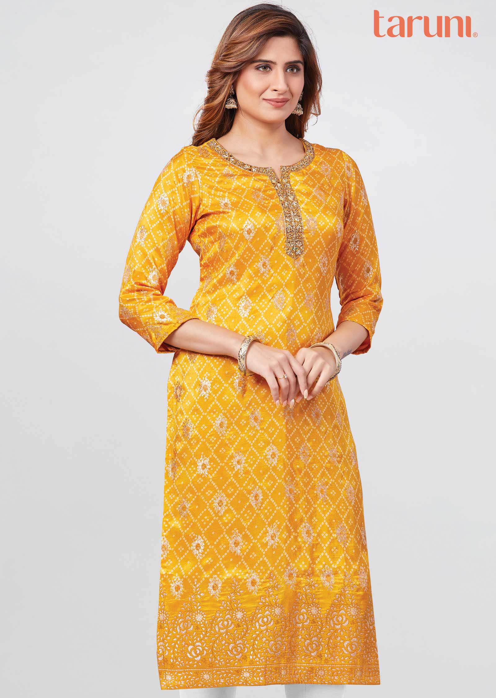 Yellow Banaras Printed Straight Cut Kurti