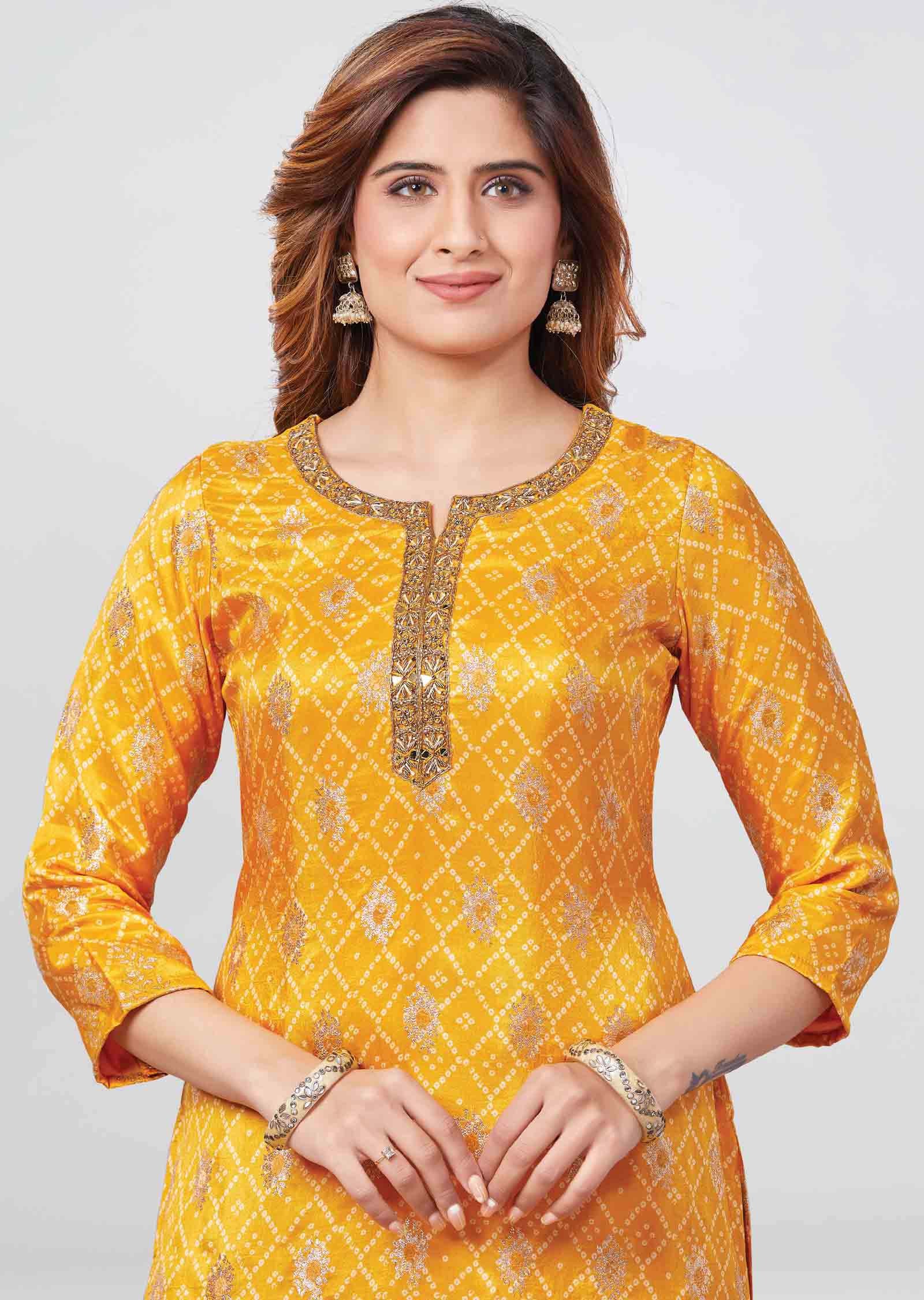 Yellow Banaras Printed Straight Cut Kurti