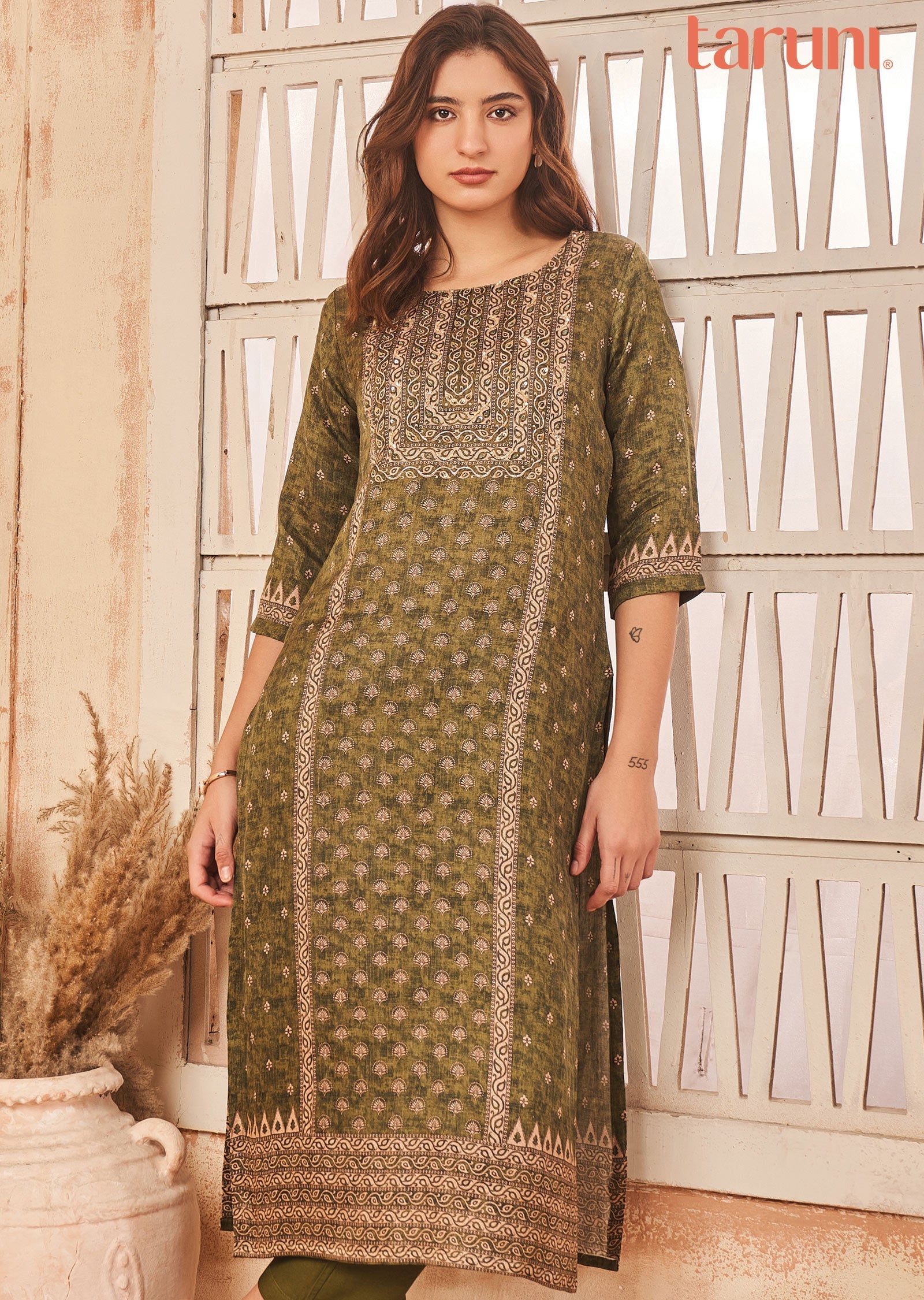 Olive Green Linen Satin Kurti Straight Cut
