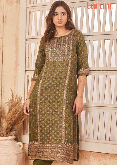 Olive Green Linen Satin Kurti Straight Cut