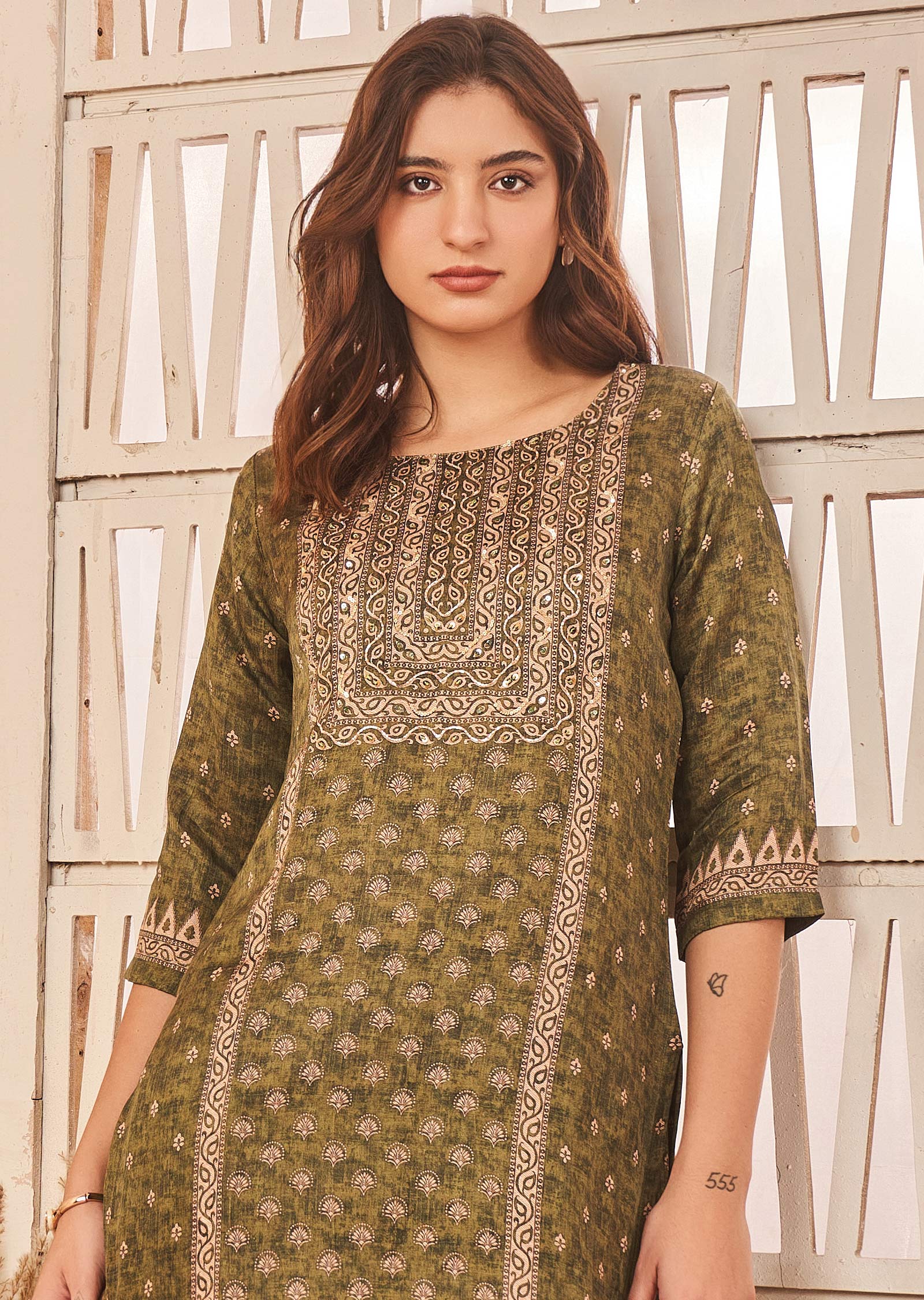 Olive Green Linen Satin Kurti Straight Cut