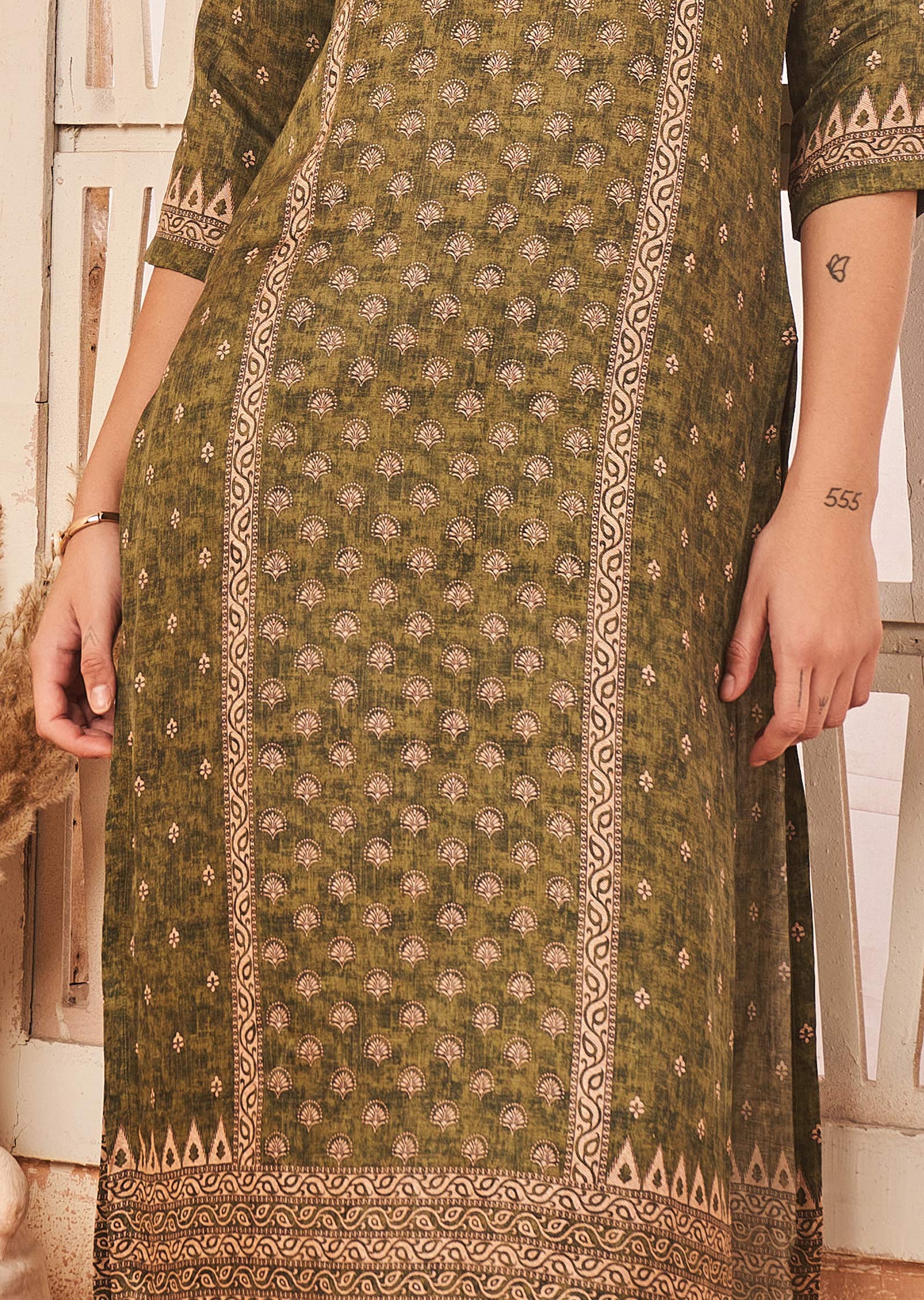 Olive Green Linen Satin Kurti Straight Cut