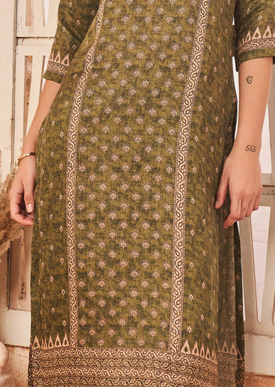 Olive Green Linen Satin Kurti Straight Cut
