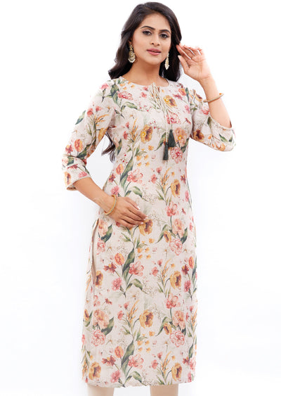 Beige Printed Linen Straight Cut Kurti with Zardosi Work