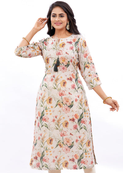 Beige Printed Linen Straight Cut Kurti with Zardosi Work
