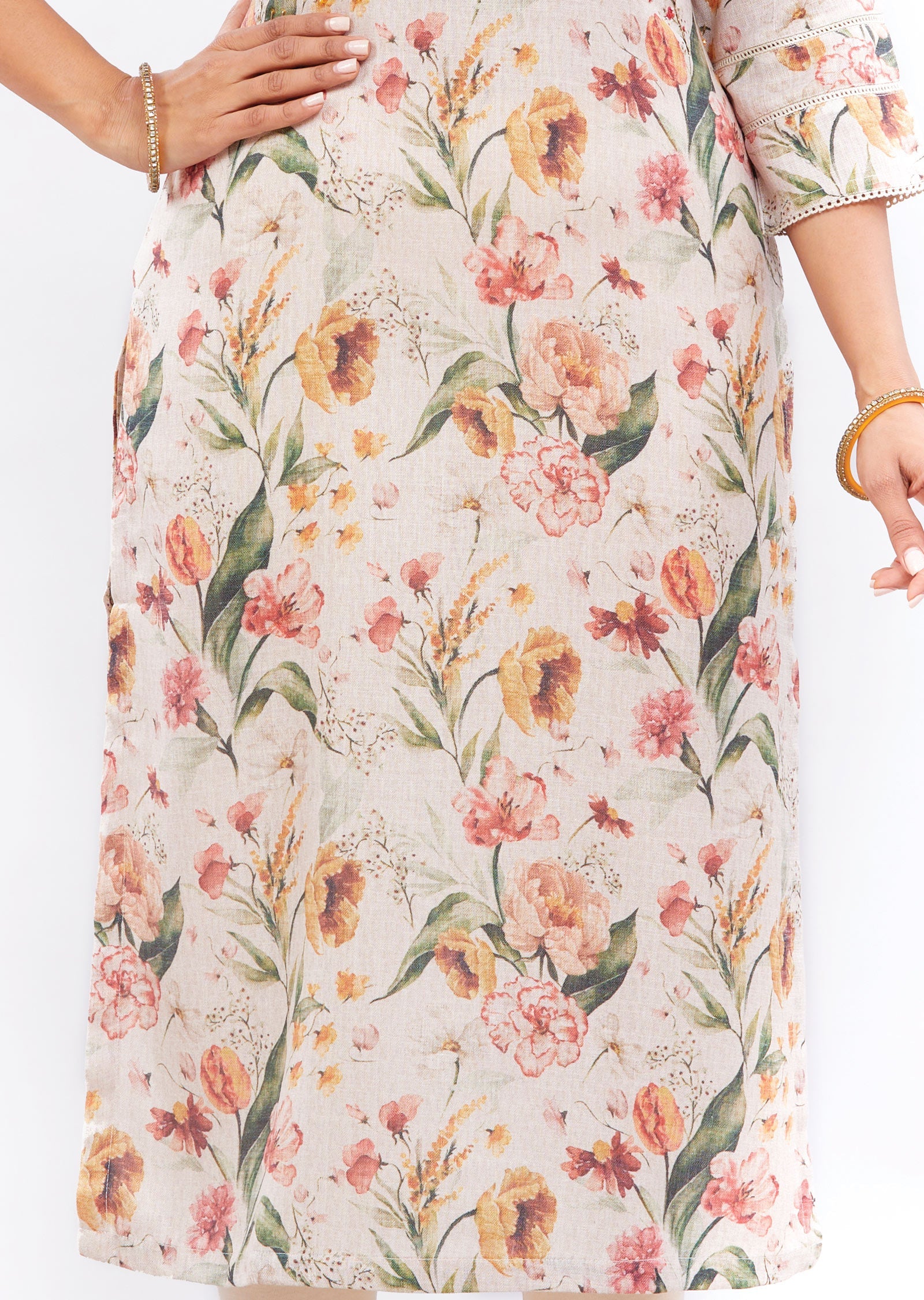 Beige Printed Linen Straight Cut Kurti with Zardosi Work