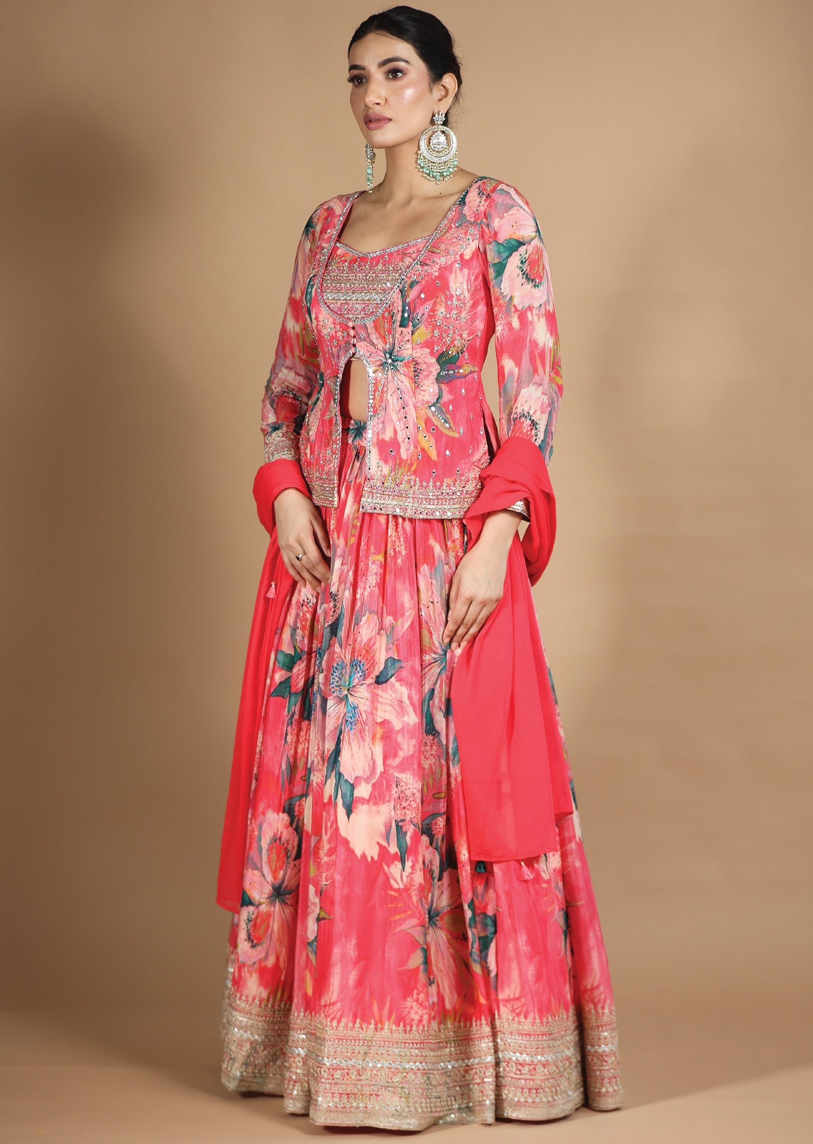 Pink Chinnon Lehenga Set with Cut Dana, Beads & Zari Work