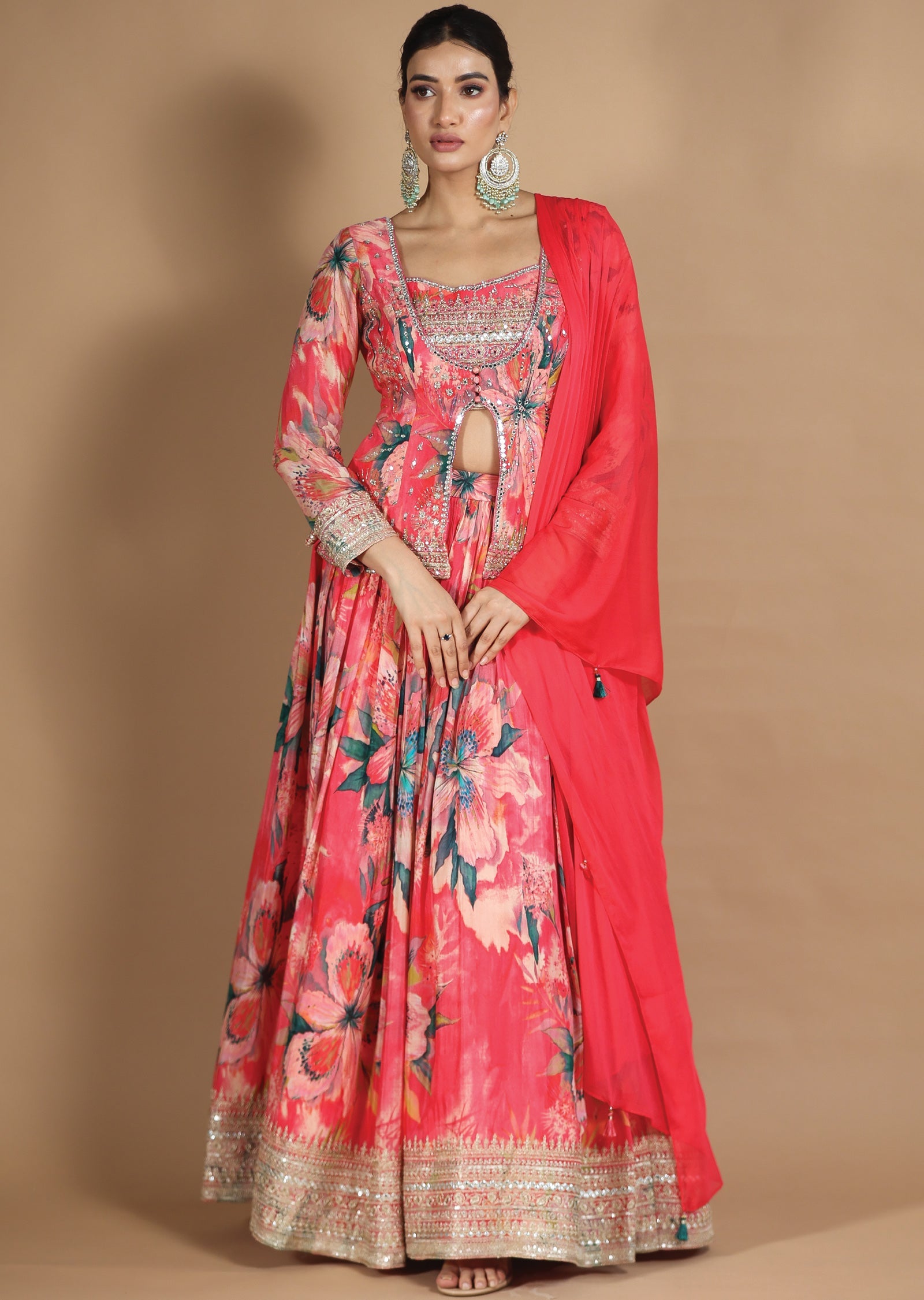 Pink Chinnon Lehenga Set with Cut Dana, Beads & Zari Work