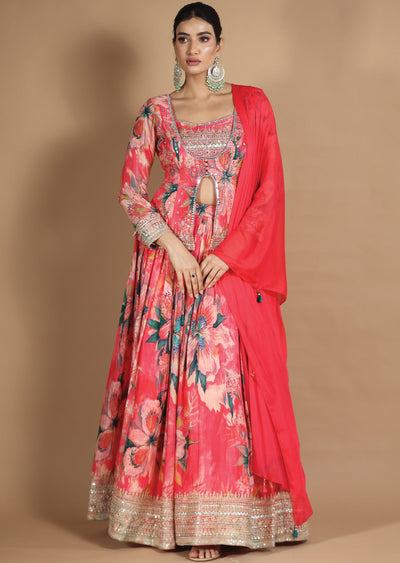 Pink Chinnon Lehenga Set with Cut Dana, Beads & Zari Work